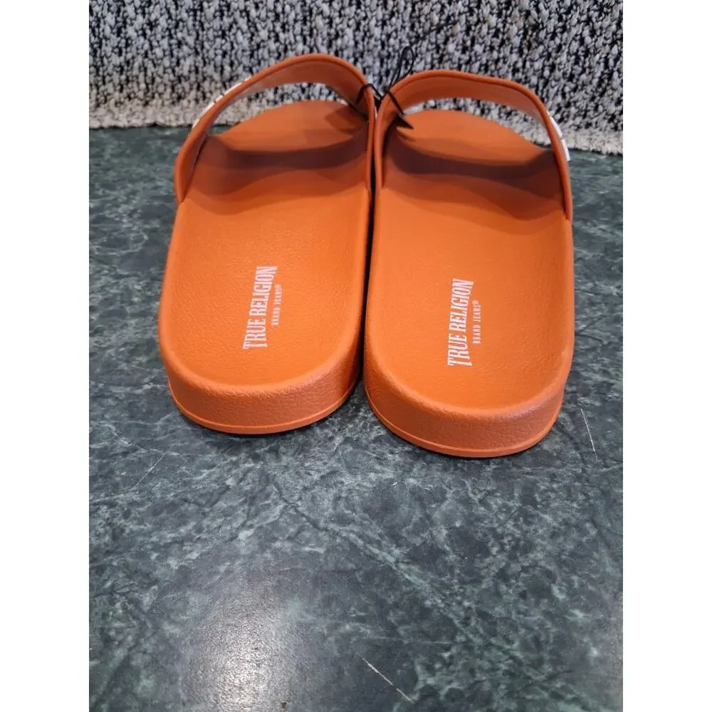 True Religion TR Weezy Slides Mens Size 10 Orange White Slip On Sandals NWT